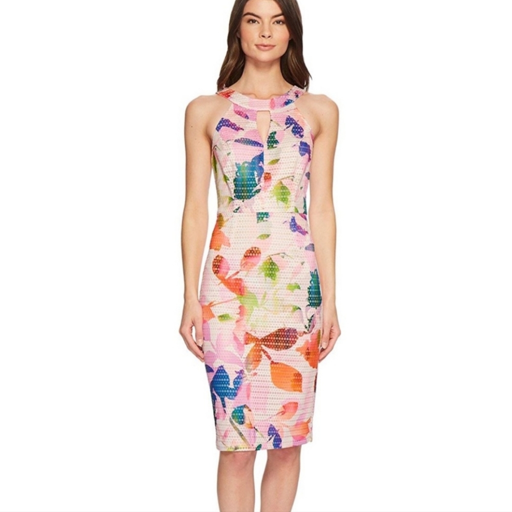 Trina Turk Sylvie Sheath Dress Size 8 Floral Print Halter Neck Keyhole Garden